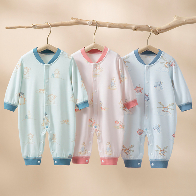 Wholesale Custom Viscose Blend Baby Romper Cartoon Printed Long Sleeve Breathable Fabric Infant Bodysuit